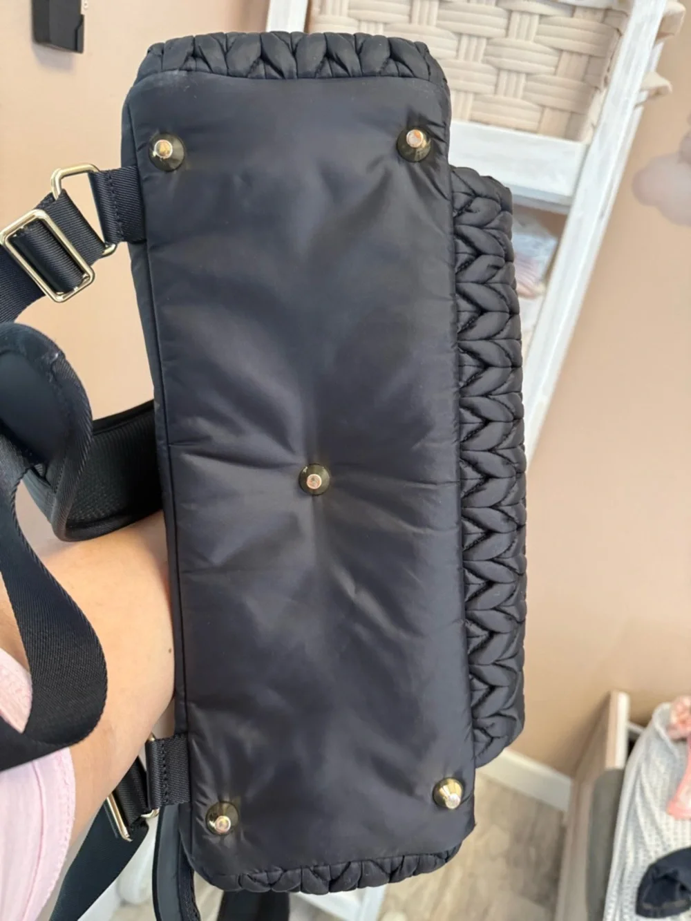 Quilted Black Baby Backpack Bag with Gold Accents